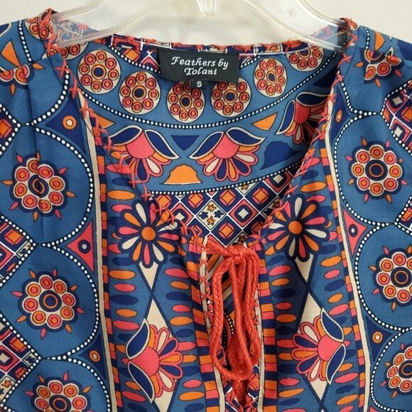 Tolani Size S tunic top Blouse swim coverup colorful Boho orange blue 3/4 sleeve - Picture 2 of 7